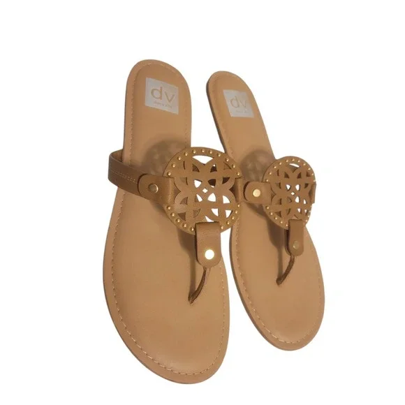 Dolce Vita Sandal Womens 11 Gotie Flip Flop Brown Tan Gold Tone Hardware DKBJ - Picture 2 of 9